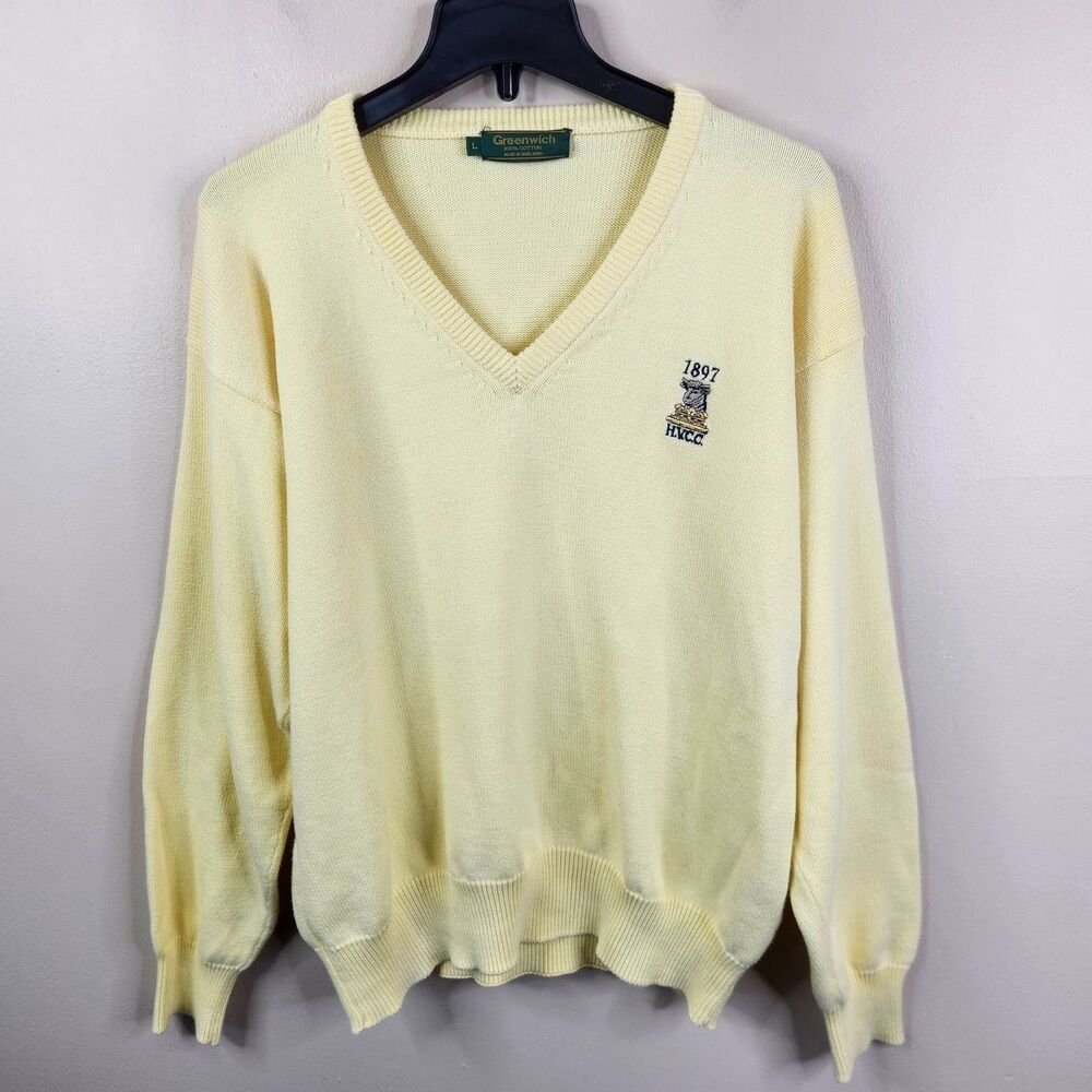 Greenwich Vintage Mens Long Sleeve V-Neck Butter Yellow Cotton Sweater L